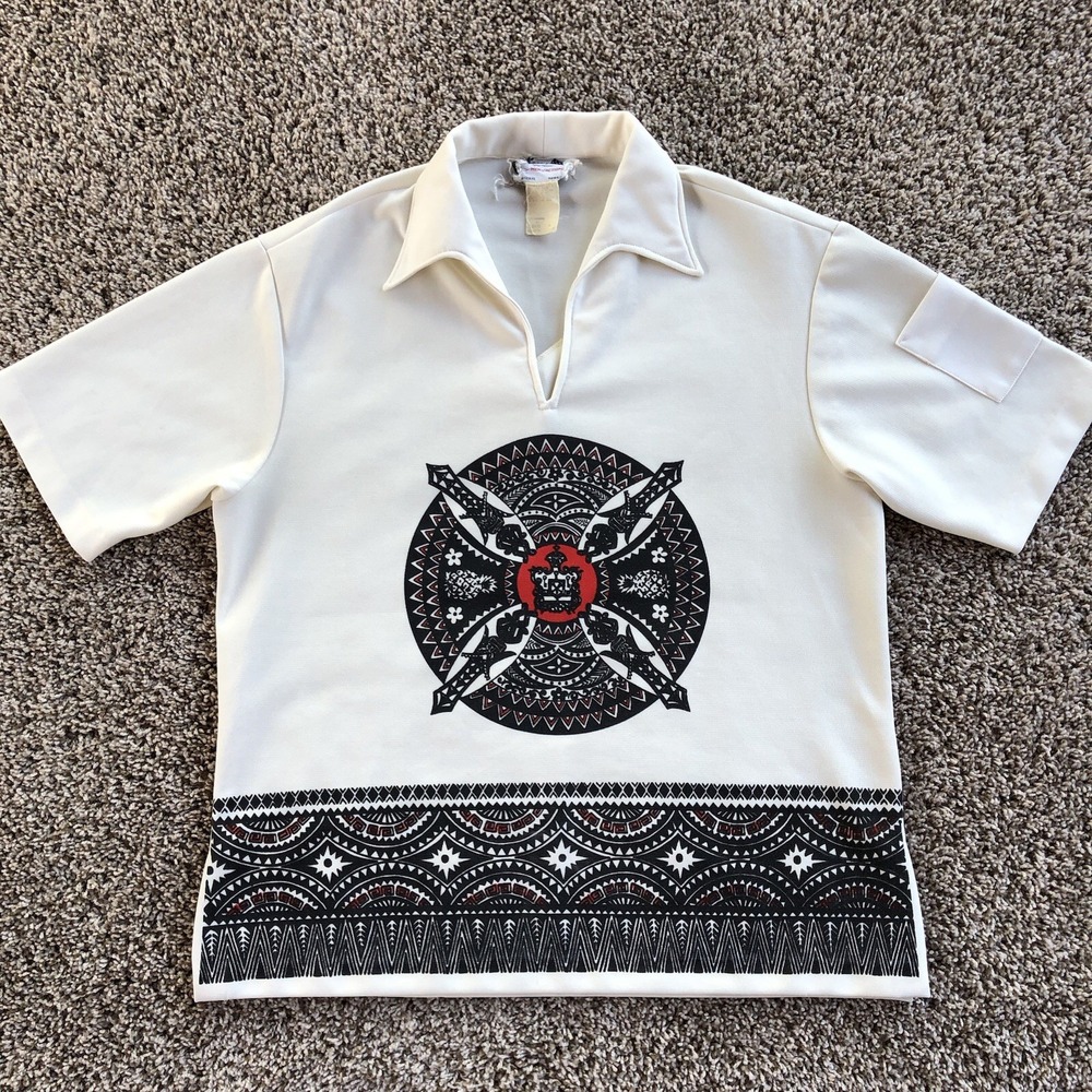 Vintage‎ 60s Keone Sportswear Hawaiian Shirt Mens L Tiki Tribal Poly Open V-Neck